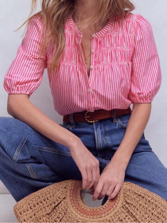 Boden Tops - Boden Mya Short Sleeve Smocked Shirt Cotton Tencel Pink Punch Ivory Stripe 6